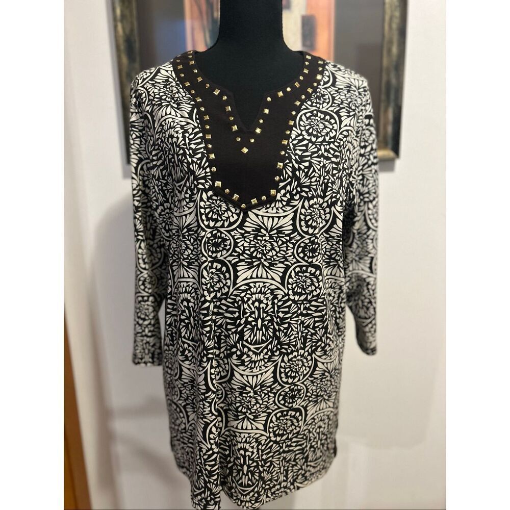 Coral Bay Women’s Size L Embellished Brown White Medallion Print Tunic Top